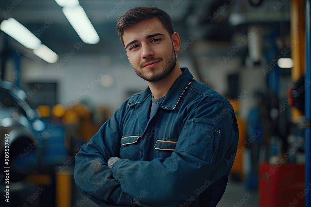 Portrait of handsome bearded mechanic in overalls standing in auto repair shop Portrait of handsome bearded mechanic in overalls standing in auto repair shop
