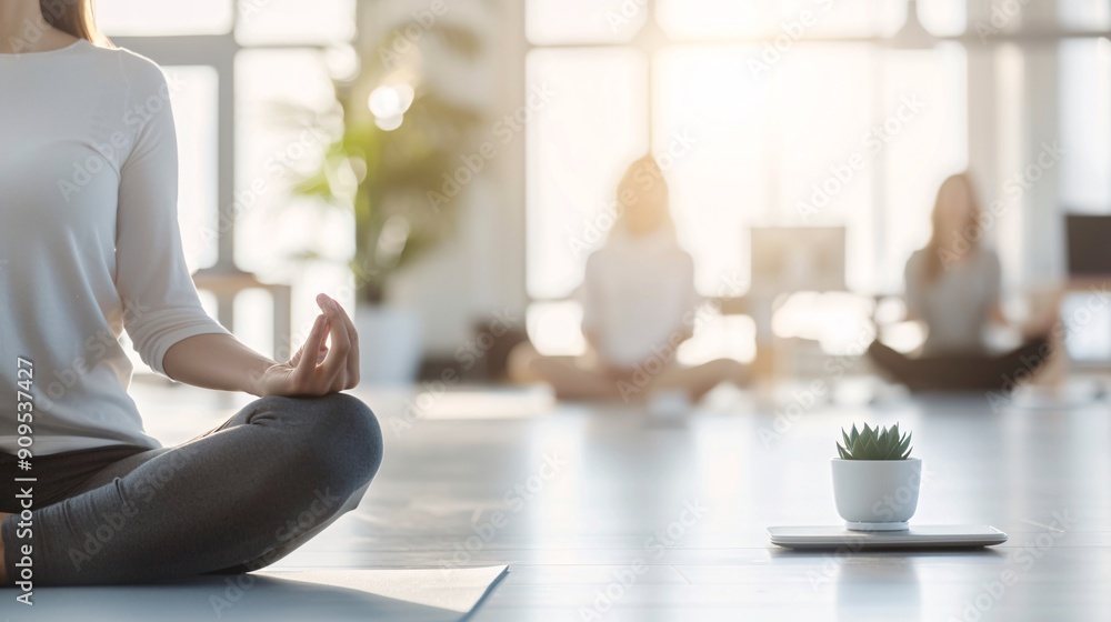 High-resolution capture of a wellness-focused workplace, yoga session in progress, High-resolution capture of a wellness-focused workplace, yoga session in progress,