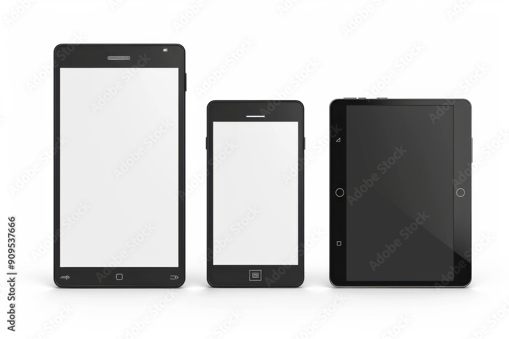 Smartphone And Tablet: Black Mobile Devices with Blank Screen on Dark Background Smartphone And Tablet: Black Mobile Devices with Blank Screen on Dark Background