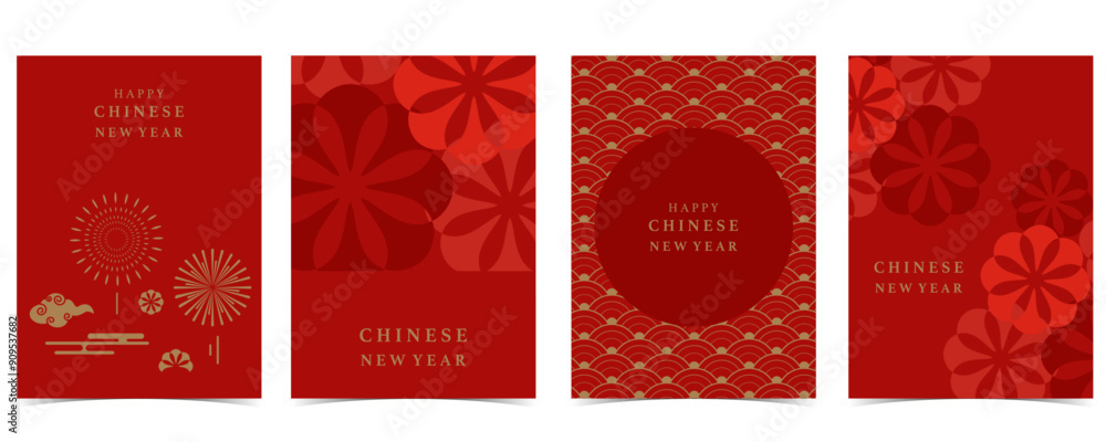 Εκτύπωση καμβά Happy Chinese New Year on red background with firework,lantern