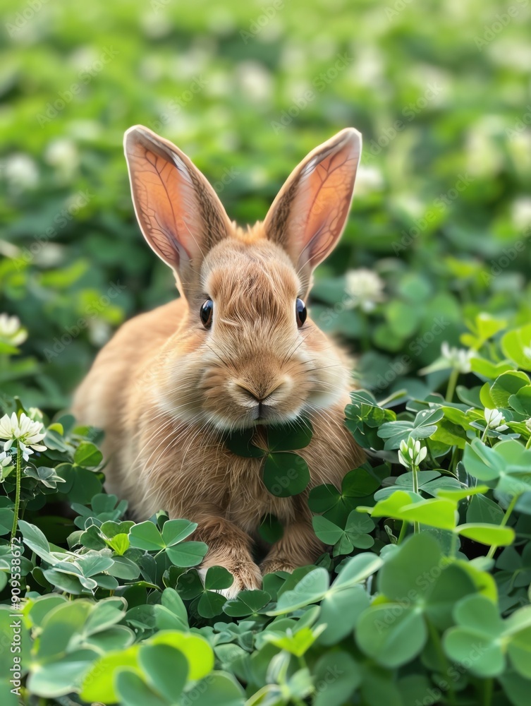 Relaxed rabbit lying in a patch of clover, peaceful and natural Relaxed rabbit lying in a patch of clover, peaceful and natural