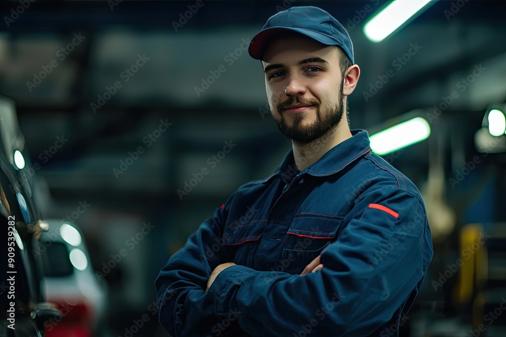 Portrait of handsome bearded mechanic in overalls standing in auto repair shop Portrait of handsome bearded mechanic in overalls standing in auto repair shop