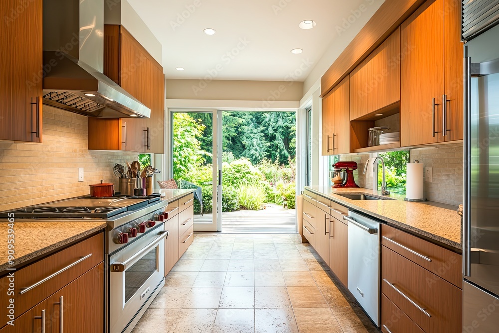 Bright and spacious modern kitchen featuring ash cabinetry, stainless steel appliances, a sandstone tile floor, and a view of greenery through a skylight Bright and spacious modern kitchen featuring ash cabinetry, stainless steel appliances, a sandstone tile floor, and a view of greenery through a skylight