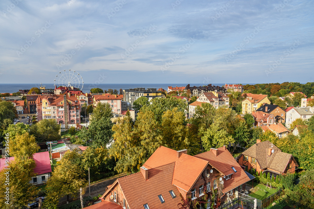 Aerial view city Zelenogradsk from observation deck of Water Tower. Russia