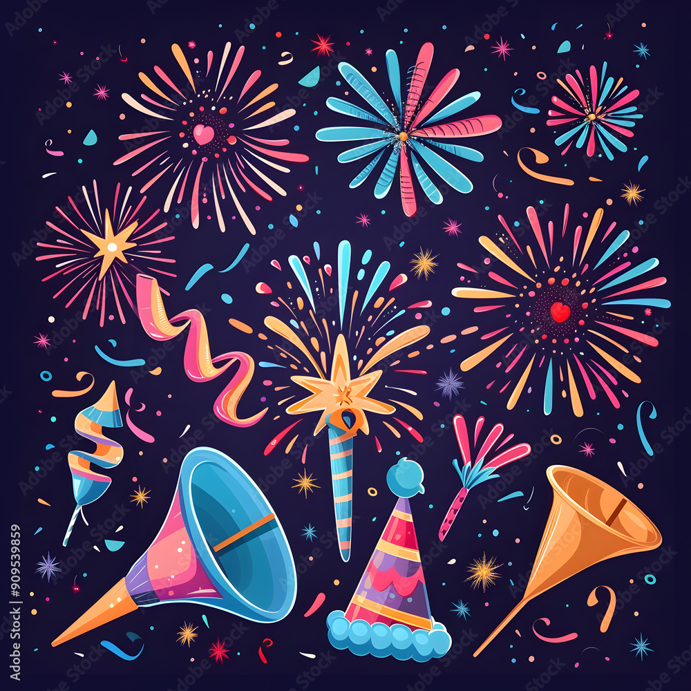 2D illustrated New Year card in a cute graphic style 2D illustrated New Year card in a cute graphic style