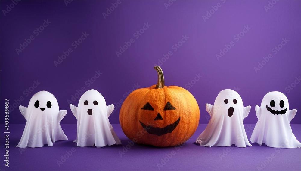 Obraz premium ハロウィンのカボチャのお化け。ジャックオランタン。幽霊。コピースペース。（Halloween pumpkin ghost. jack o lantern and ghost and copy space.） 