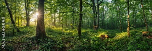 Sonne. Panorama of Forest with Sunrays Shining Through Trees in Nature