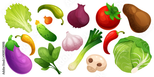 Vegetables. Lettuce spinach leek and cabbage food, tomato and pumpkin, chili with pepper and garlic. Organic autumn harvest. Champignon and potato. ingredient for cooking. Vector isolated set