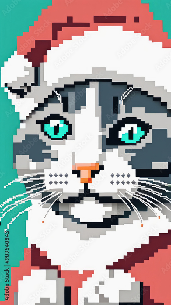 Obraz premium Cute children's Christmas cat, pixel graphics, cross stitch scheme.