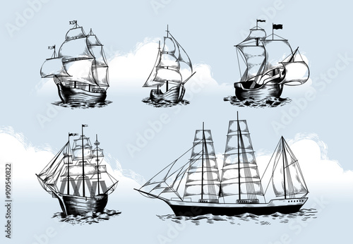 Pirate ship. Vintage old sail boat. Hand drawn sailboat in storm. Ancient sea vessel voyage. Wooden frigate. Engraving caravel on waves. Galleon journey. Vector sketch elements set