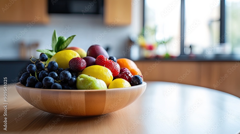 fruit in a bowl on the table with the kitchen in the background fruit in a bowl on the table with the kitchen in the background