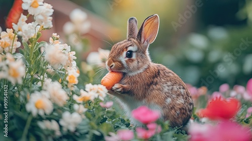 a rabbit eating carrots in a flower garden as a background