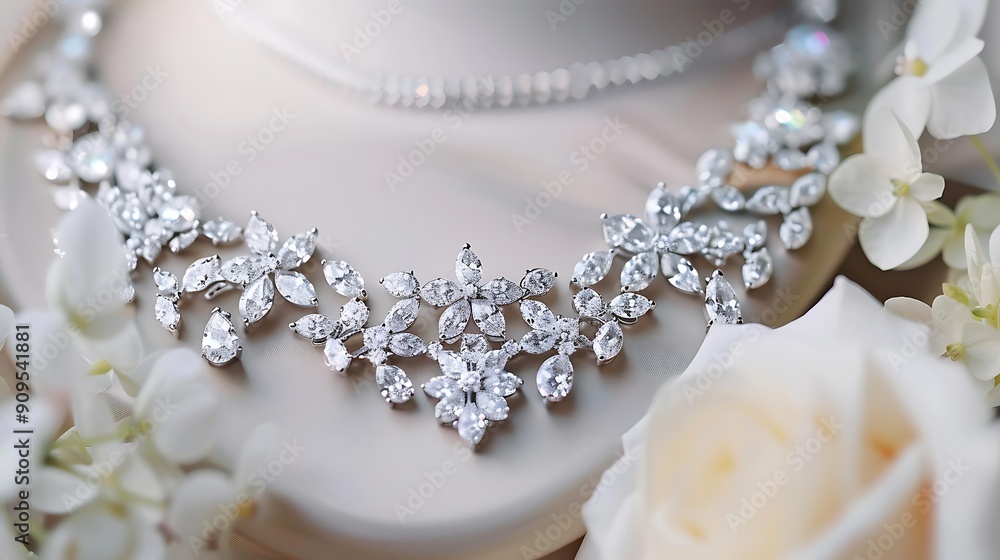 Luxurious diamond necklace with white flowers. Luxurious diamond necklace with white flowers.
