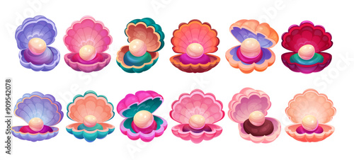 Pearl shells. Underwater oyster. Open sea scallop. Bivalve mollusk. Aquatic invertebrate animal. Marine jewelry. Water nature beauty. Aquarium cockle. Vector shellfish treasure icons set