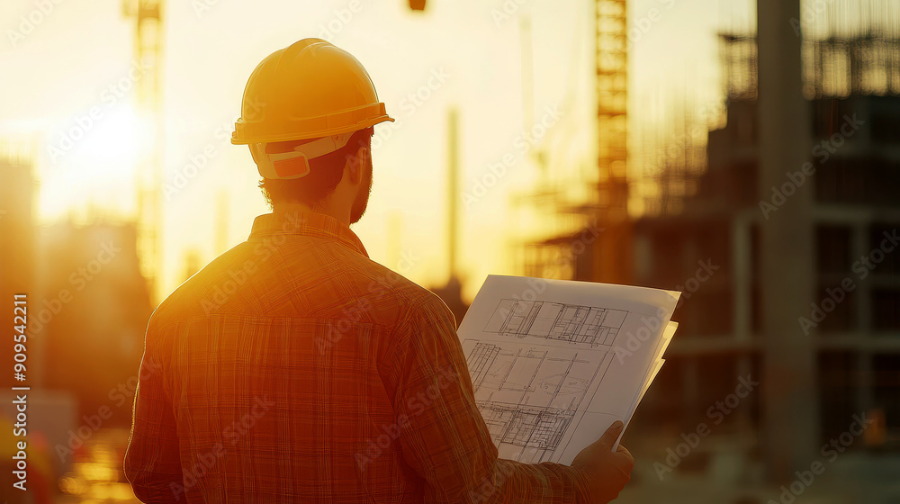 A back view of a construction worker engineer, wearing a yellow safety helmet and orange vest, standing at a construction site A back view of a construction worker engineer, wearing a yellow safety helmet and orange vest, standing at a construction site