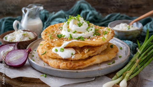 Delicious Lángos: Deep-Fried Hungarian Flatbread Topped with Garlic and Sour Cream