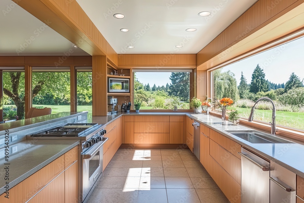 Bright and spacious modern kitchen featuring cedar cabinetry, stainless steel appliances, a vinyl tile floor, and a view of greenery through a large picture window Bright and spacious modern kitchen featuring cedar cabinetry, stainless steel appliances, a vinyl tile floor, and a view of greenery through a large picture window