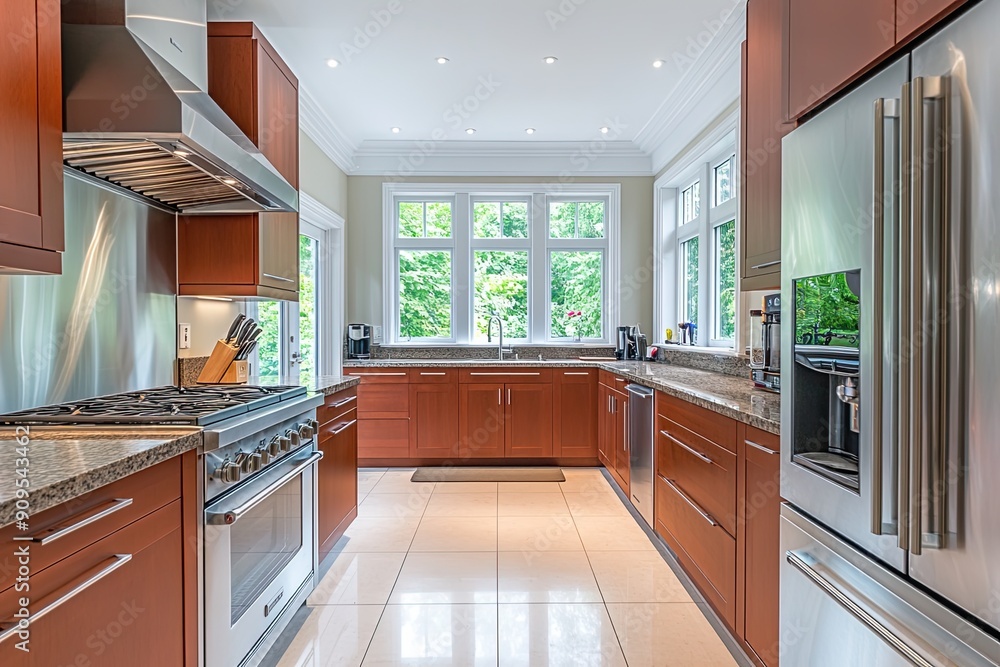 Bright and spacious modern kitchen featuring cherry cabinetry, stainless steel appliances, a ceramic floor, and a view of greenery through a triple window Bright and spacious modern kitchen featuring cherry cabinetry, stainless steel appliances, a ceramic floor, and a view of greenery through a triple window