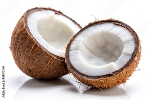 Fresh Coconut Cut in Half on White Background.