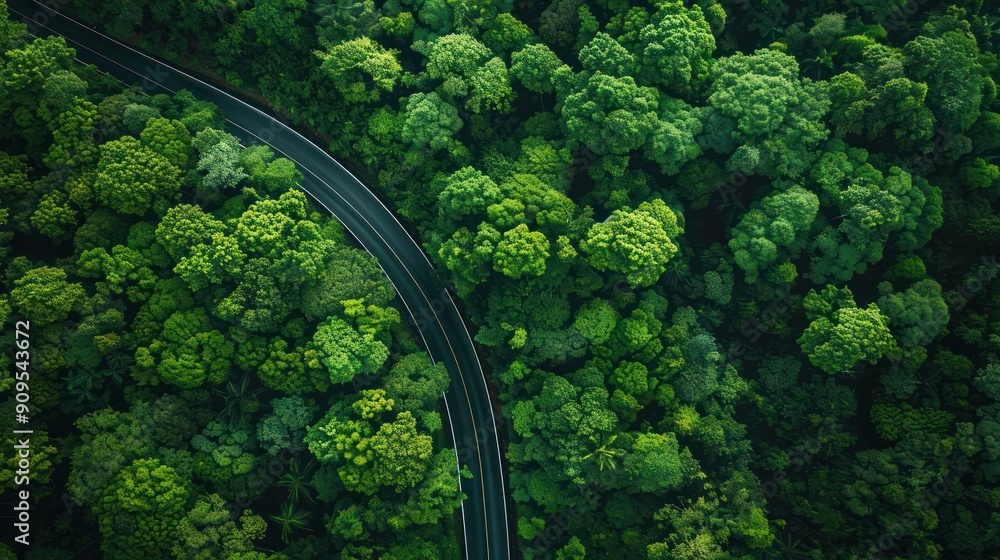 Overhead shot of a road meandering through dense green forest, highlighting the beauty of nature and eco-friendly landscapes. Overhead shot of a road meandering through dense green forest, highlighting the beauty of nature and eco-friendly landscapes.
