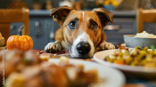 Close-up of a dog eagerly waiting for Thanksgiving dinner scraps