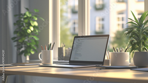 Wallpaper Mural A modern home office setup with a laptop, coffee mug, and office supplies on a neat desk, emphasizing a productive remote work Torontodigital.ca