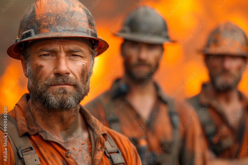 Three men in orange work clothes are standing in front of a fire Three men in orange work clothes are standing in front of a fire