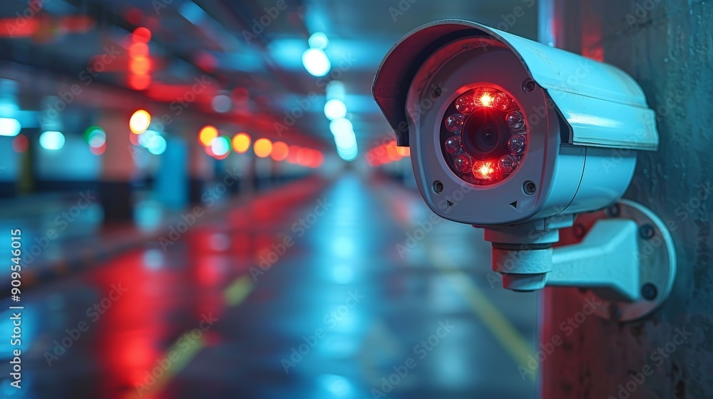 A well-lit and secure parking garage with security cameras, ensuring vehicle safety A well-lit and secure parking garage with security cameras, ensuring vehicle safety