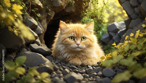 Curious Yellow Cat Discovers Hidden Cave in Lush, Rocky Landscape