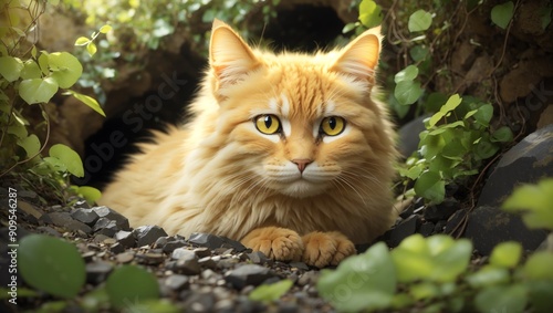 Curious Yellow Cat Discovers Hidden Cave in Lush, Rocky Landscape