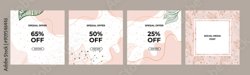 Dusty rose abstract square art templates with floral and geometric elements. Suitable for social media posts, mobile apps, banners design and web/internet ads. Vector fashion backgrounds.
