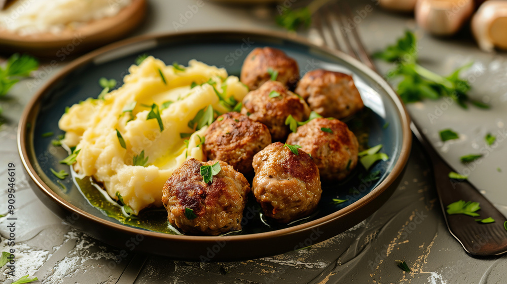 Homemade Meatballs Served With Creamy Mashed Potatoes On A Rustic Table Setting Homemade Meatballs Served With Creamy Mashed Potatoes On A Rustic Table Setting