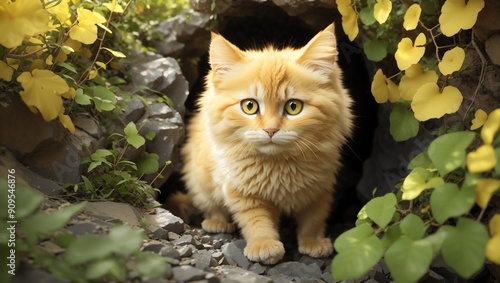 Curious Yellow Cat Discovers Hidden Cave in Lush, Rocky Landscape