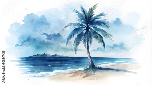 Holiday summer travel vacation illustration - Watercolor painting of palms, palm tree on teh beach with ocean sea, design for logo or t shirt, isolated 