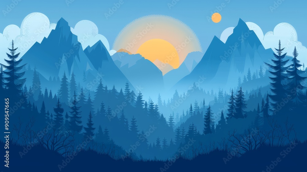 Sunrise Over Blue Mountain Forest Illustration Sunrise Over Blue Mountain Forest Illustration