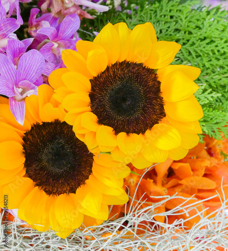 Close-up shot of beauty sunflower in bouquet set.