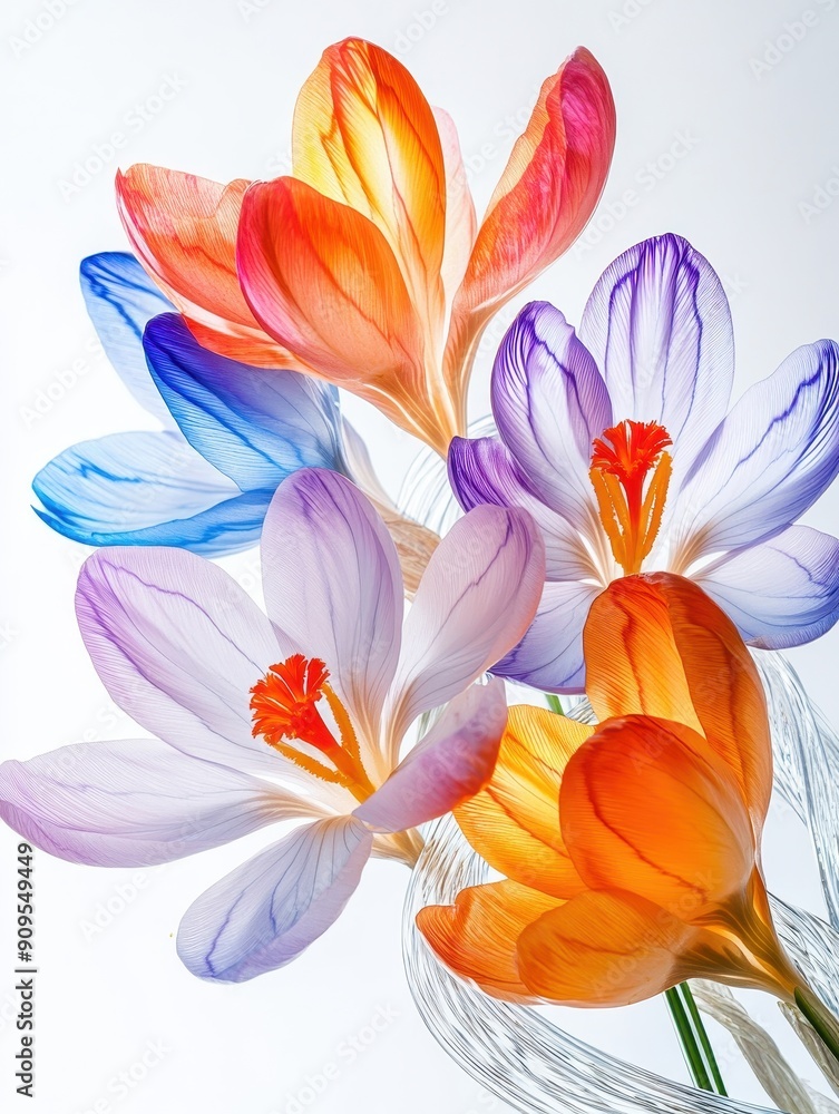 Vibrant Close-Up of Colorful Crocus Flowers with Translucent Petals on a White Background Vibrant Close-Up of Colorful Crocus Flowers with Translucent Petals on a White Background