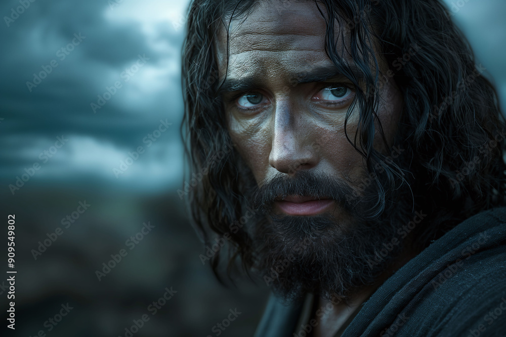 A close-up of Jesus with an intense and contemplative expression, set against an outdoor backdrop A close-up of Jesus with an intense and contemplative expression, set against an outdoor backdrop