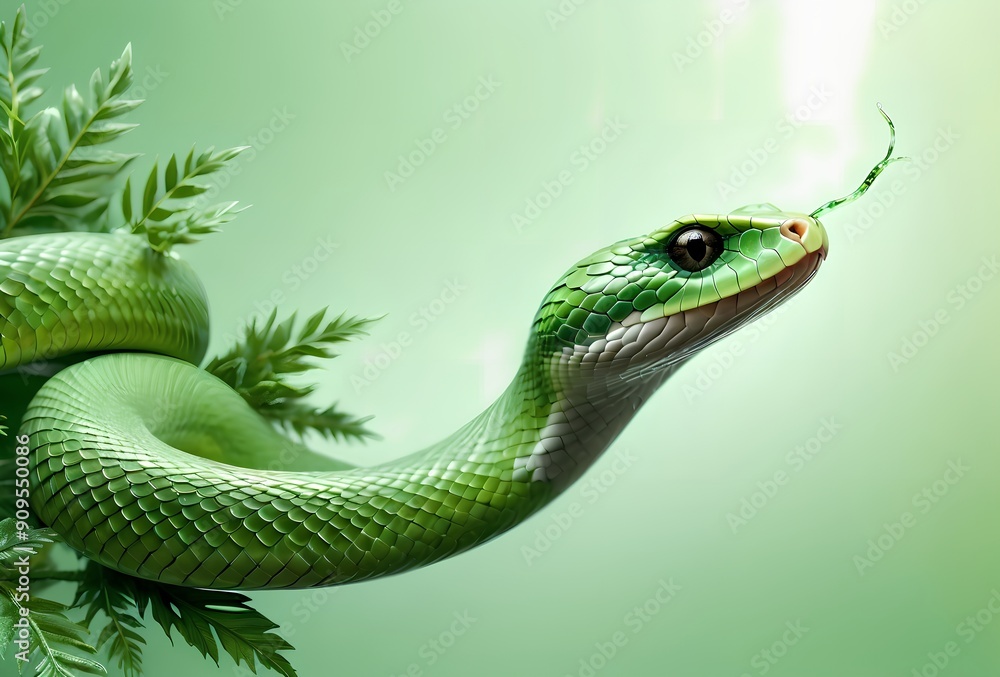 Obraz premium green forest snake close-up, isolated on green background