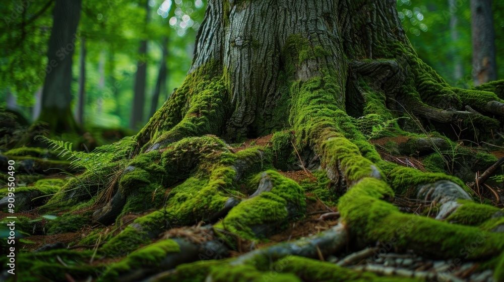 Tree Root. Mossy Tree Roots in Forest Surrounded by Green Vegetation and Nature Tree Root. Mossy Tree Roots in Forest Surrounded by Green Vegetation and Nature