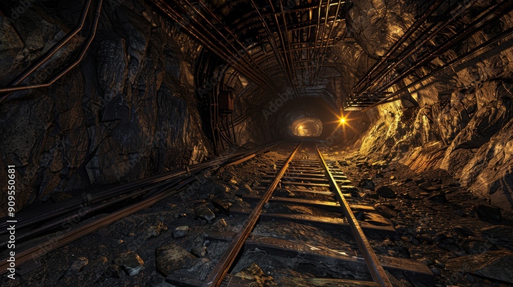 Naklejka premium Underground Mining: Industrial Digger Excavating Minerals in Gold Mine Tunnel