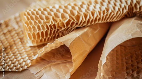 Eco friendly packaging parcel carton box. Honeycomb made of natural organic honey in a paper bag.