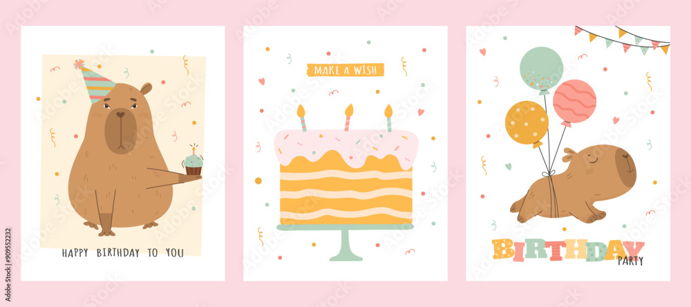 Fototapeta premium Birthday card set with capybara, cake and balloons