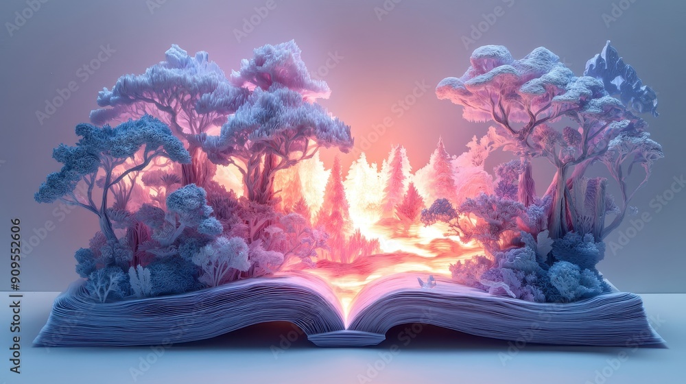 Fototapeta premium Enchanted Forest Emerging from an Open Book with Glowing Light and Mystical Trees in a Dreamlike Setting