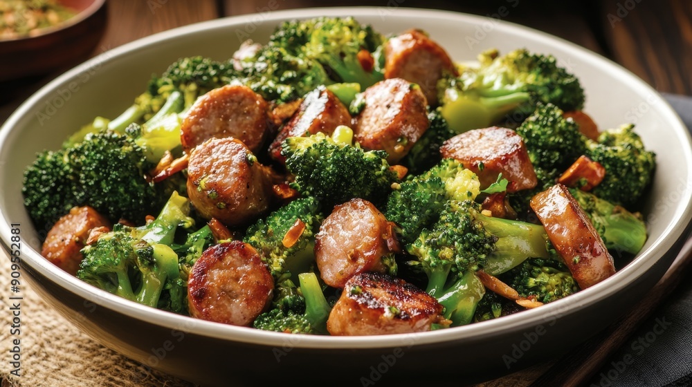 Delicious Sausage and Broccoli Stir-Fry in Garlic Sauce; Quick, Nutritious Dish with Organic Ingredients Delicious Sausage and Broccoli Stir-Fry in Garlic Sauce; Quick, Nutritious Dish with Organic Ingredients