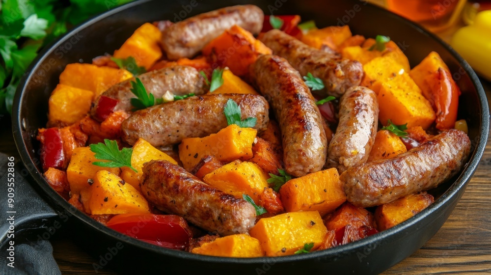 Φωτογραφία Colorful and Hearty Organic Dinner - Sausage and Sweet Potato Skillet Delight