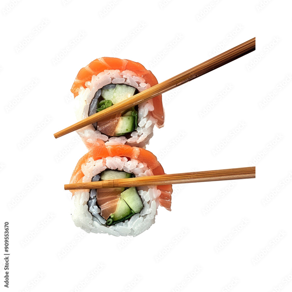 A Sushi Roll With Salmon Being Held By Wooden Chopsticks A Sushi Roll With Salmon Being Held By Wooden Chopsticks