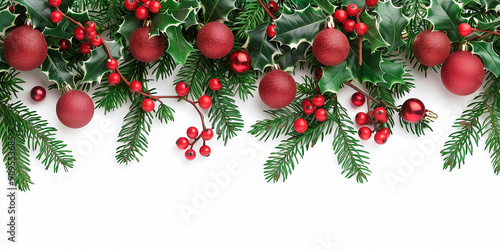 Weihnachtsgirlande auf weissen Hintergrund. Motiv für Webseitenbanner Weihnachtskarte Deko Weihnachtsgeschenke Feier Festlich