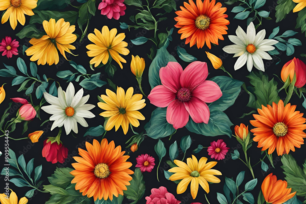 Pattern with colorful flowers and green leaves on dark background. Full frame. View from above. Flat lay. Pattern with colorful flowers and green leaves on dark background. Full frame. View from above. Flat lay.