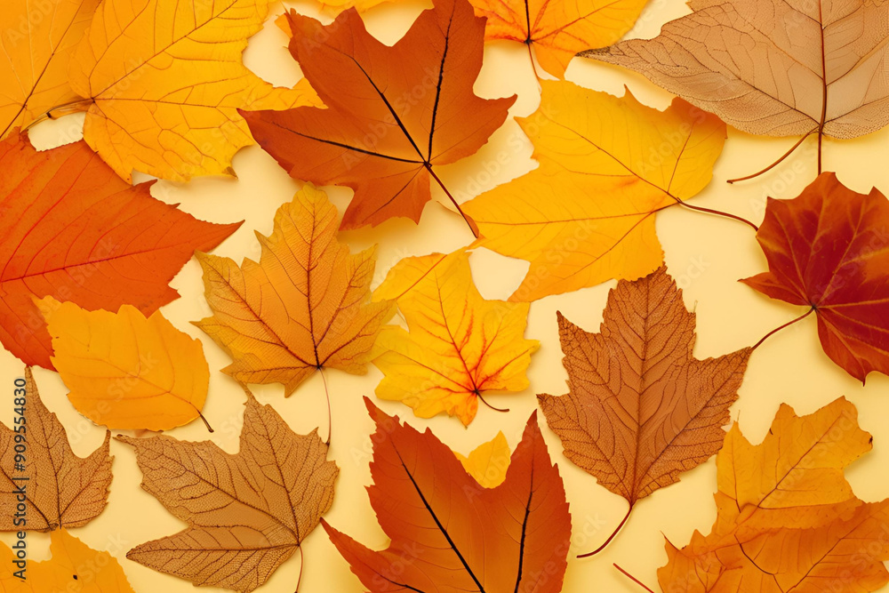 Fototapeta premium Autumn Leaves yellow and orange Background - transparent cell structure